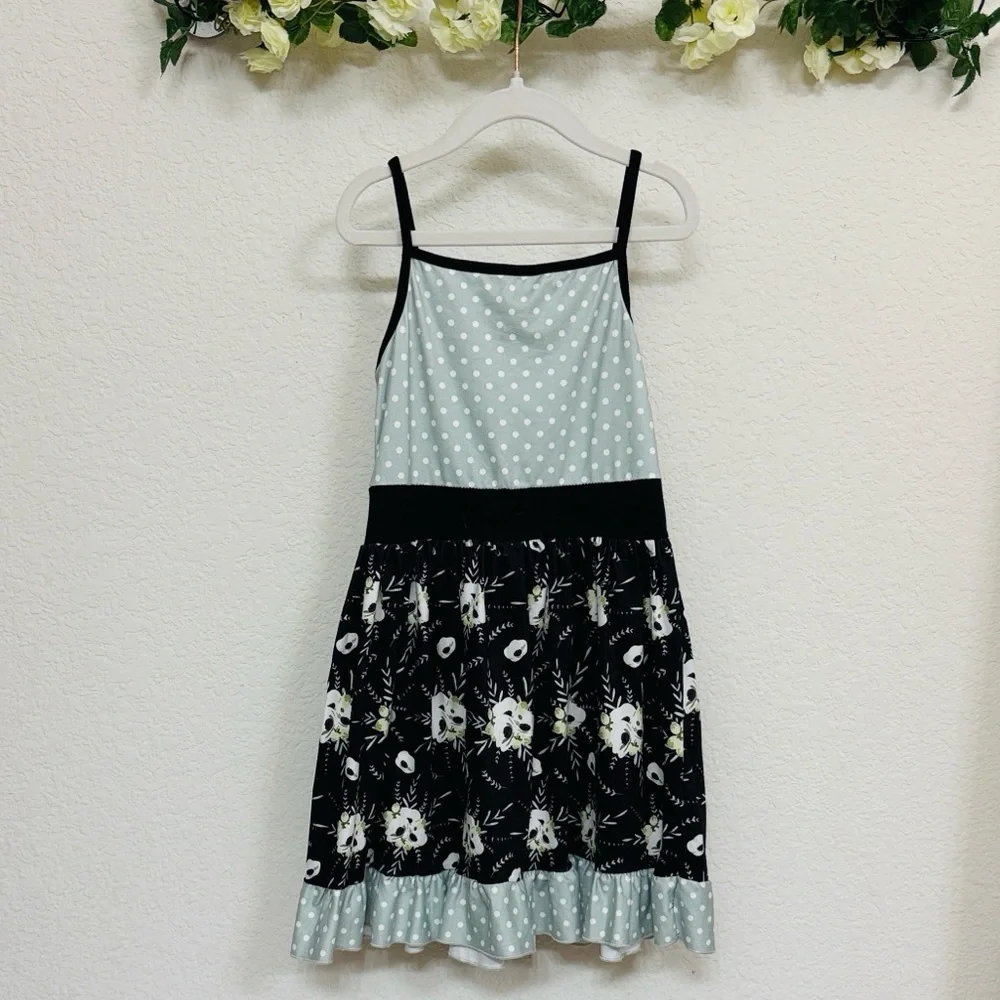 Pete + Lucy • Girls Blue Polka Dot Black Floral Ruffle Twirl Dress